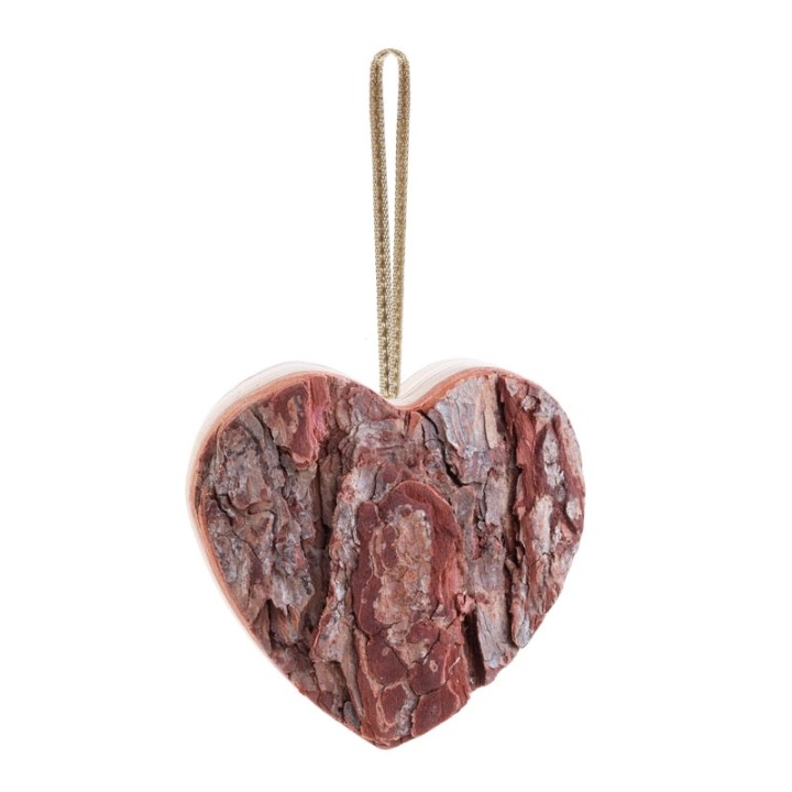 Coeur en bois à suspendre  à ruban rouge, 9 cm