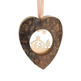 Coeur en bois à suspendre motif ciselé crèche et étoile, 6 cm