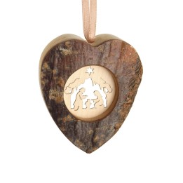 Coeur en bois à suspendre motif ciselé crèche, 6 cm
