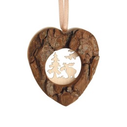 Coeur en bois à suspendre motif ciselé élan, 6 cm