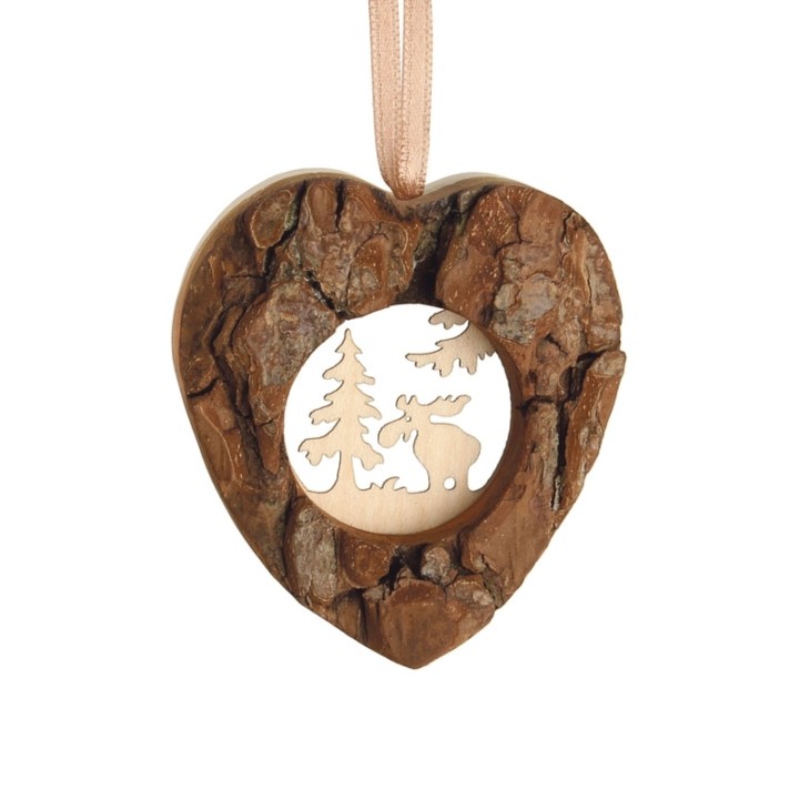 Coeur en bois à suspendre motif ciselé élan, 6 cm