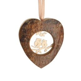 Coeur en bois à suspendre motif ciselé hiboux, 6 cm