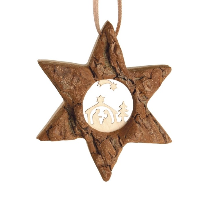 Etoile en bois, motif ciselé crèche et étoile, 7 cm