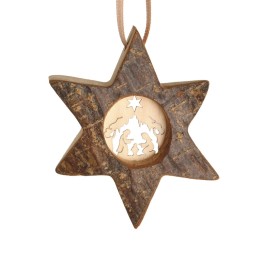 Etoile en bois, motif ciselé crèche, 7 cm
