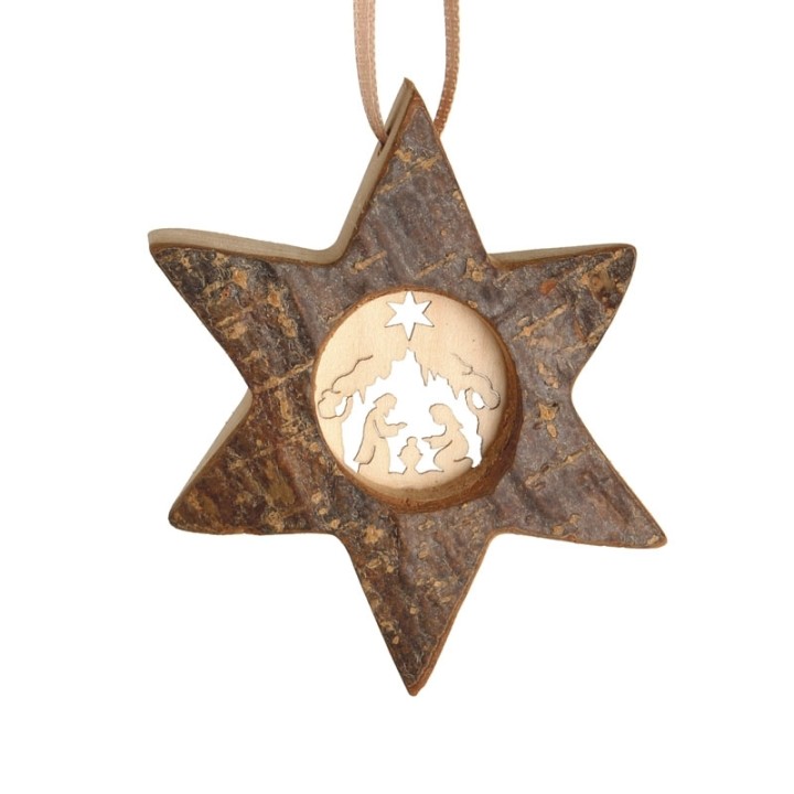 Etoile en bois, motif ciselé crèche, 7 cm