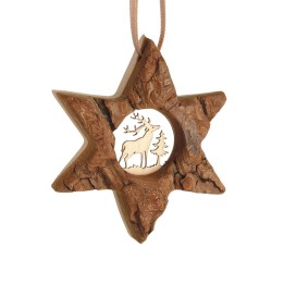 Etoile en bois, motif ciselé cerf, 7 cm