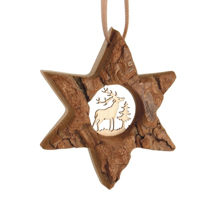 Etoile en bois, motif ciselé cerf, 7 cm