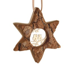 Etoile en bois, motif ciselé hiboux, 7 cm