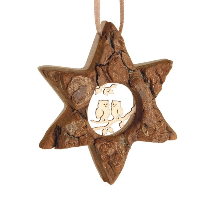 Etoile en bois, motif ciselé hiboux, 7 cm
