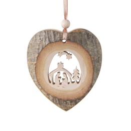 Coeur en bois à suspendre motif ciselé crèche et étoile, 7 cm