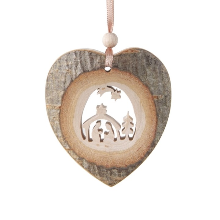 Coeur en bois à suspendre motif ciselé crèche et étoile, 7 cm
