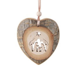 Coeur en bois à suspendre motif ciselé crèche, 7 cm