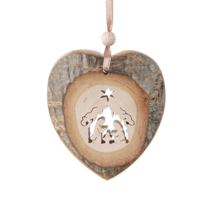 Coeur en bois à suspendre motif ciselé crèche, 7 cm