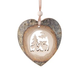 Coeur en bois à suspendre motif ciselé élan, 7 cm