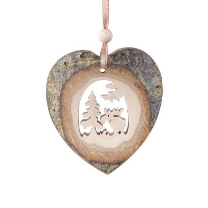 Coeur en bois à suspendre motif ciselé élan, 7 cm
