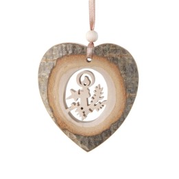 Coeur en bois à suspendre motif ciselé bougie, 7 cm