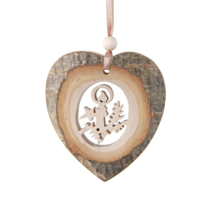 Coeur en bois à suspendre motif ciselé bougie, 7 cm