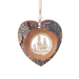 Coeur en bois à suspendre motif ciselé église, 7 cm