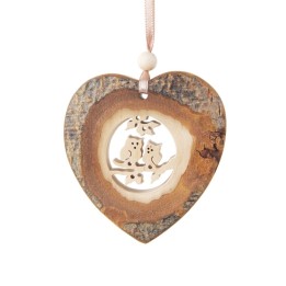 Coeur en bois à suspendre motif ciselé hiboux, 7 cm