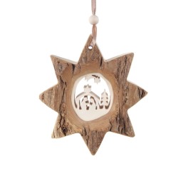 Etoile en bois, motif ciselé crèche et étoile, 10 cm