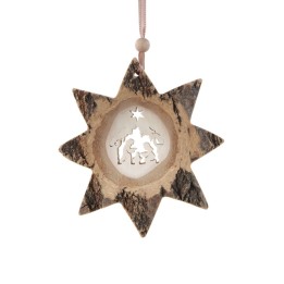 Etoile en bois, motif ciselé crèche, 10 cm