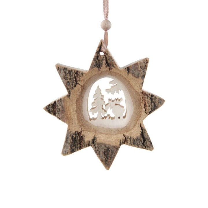 Etoile en bois, motif ciselé élan, 10 cm