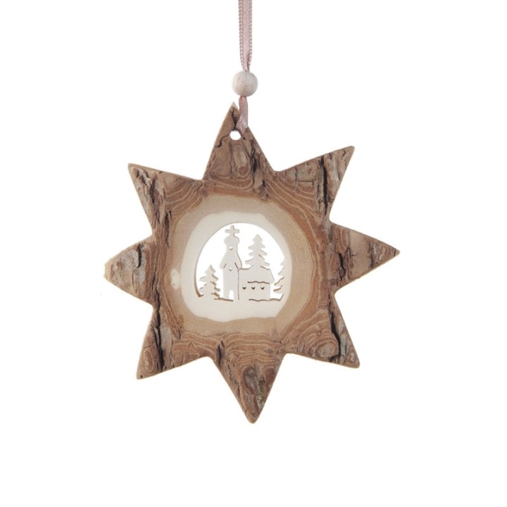 Etoile en bois, motif ciselé église, 10 cm