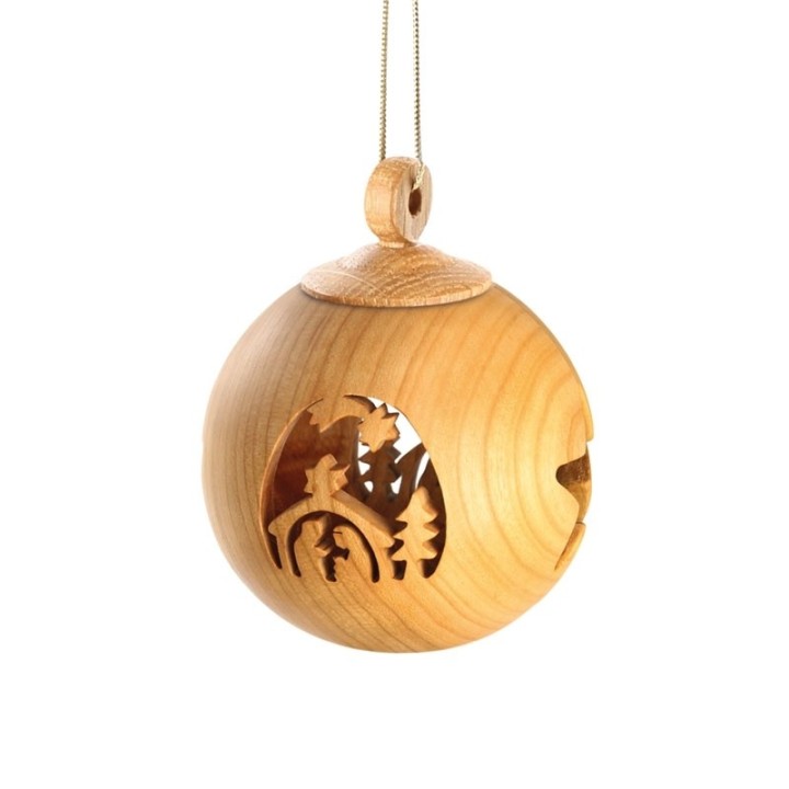 Boule de Noël en bois, motif crèche, 6 cm
