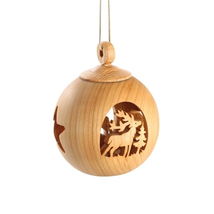 Boule de Noël en bois, motif cerf, 6 cm