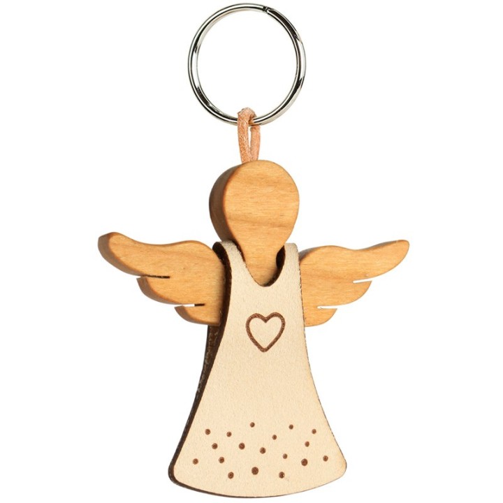 Porte-clés ange avec coeur  sur robe en cuir n°1, 5,5 cm