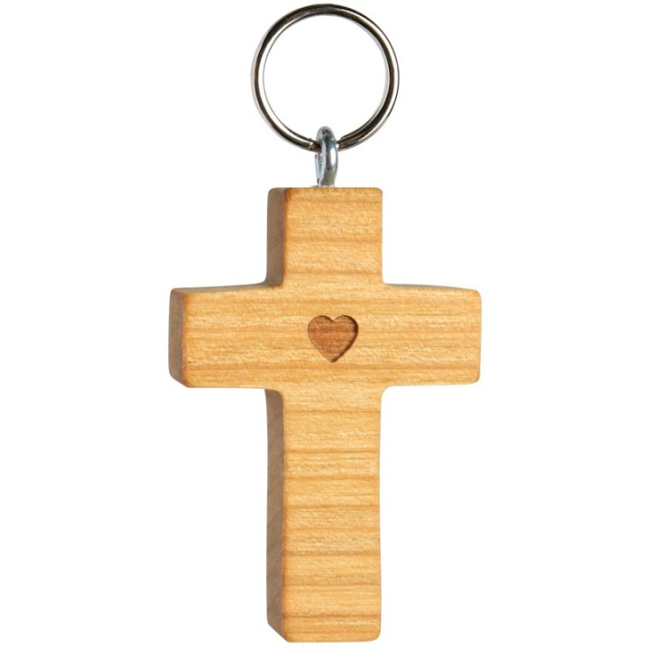 Porte-clefs croix avec coeur bois d'olivier n° 1, 5 cm 