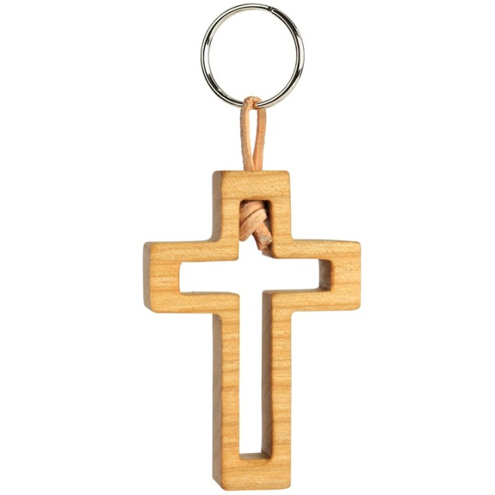 Porte clef croix avec croix découpe bois d'olivier n° 3, 5 cm 