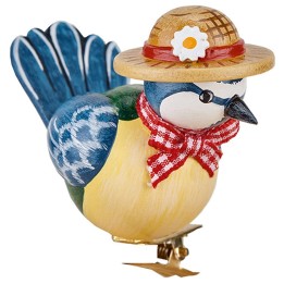 Oiseau décoratif, mésange bleue et noeud rouge, 6 cm