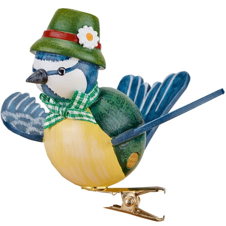 Oiseau décoratif, mésange bleue et noeud vert, 6 cm