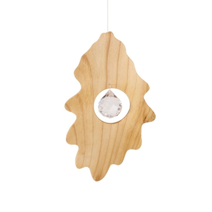 Feuille de chêne en bois avec cristal Swarovski à suspendre, 14 cm