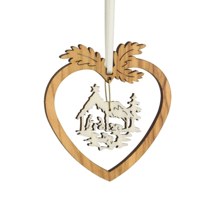 Coeur pendentif en bois d'olivier motif crèche