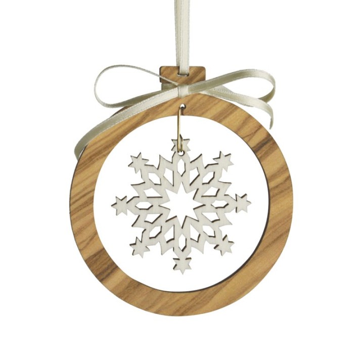 Pendentif en bois d'olivier 7cm, motif cristal de neige n°2