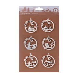 Décorations pour sapin 6 pendentifs : village, ange, forêt, père Noël, lutin, crèche