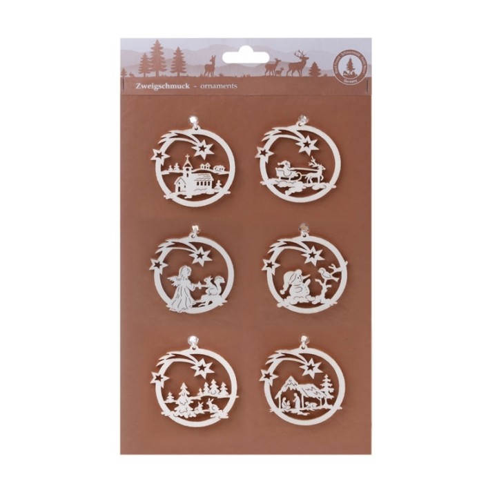 Décorations pour sapin 6 pendentifs : village, ange, forêt, père Noël, lutin, crèche