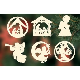 Décorations bois pour sapin de Noël, 6 crèches et anges - set n° 3