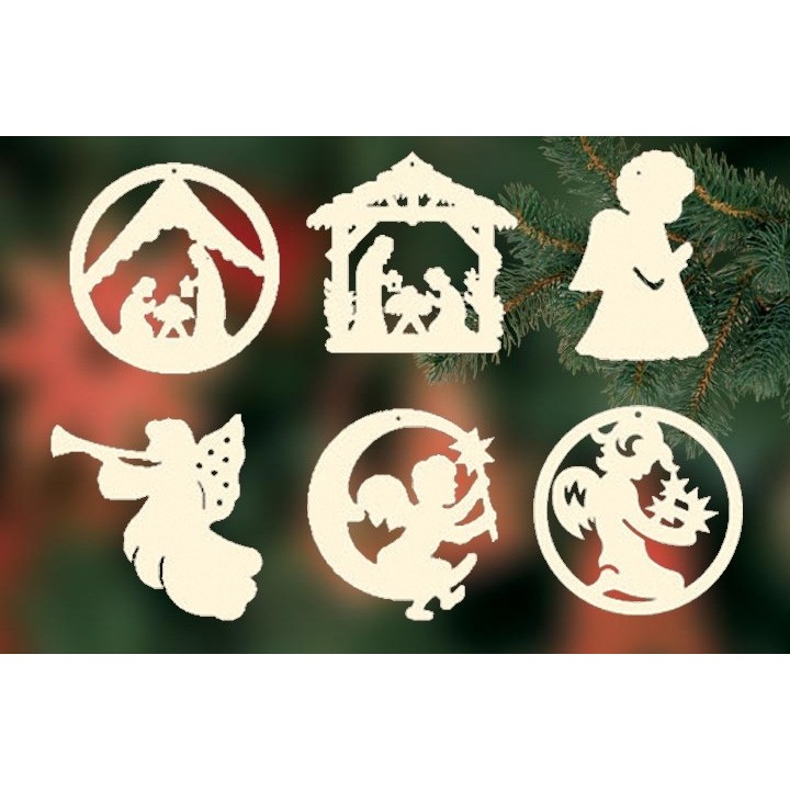 Décorations bois pour sapin de Noël, 6 crèches et anges - set n° 3