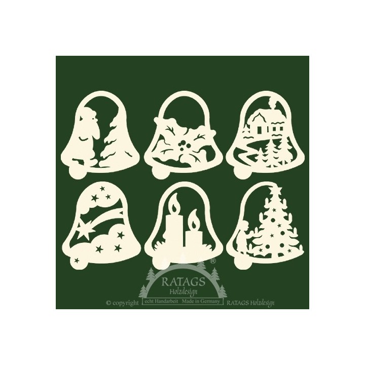 Décoration de Noël pour sapin, 6 clochettes en bois - set n° 18