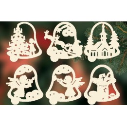 6 Clochettes de Noël en bois avec motifs - set n° 19