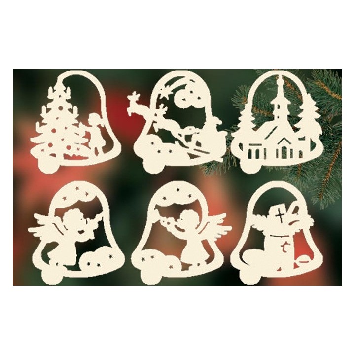 6 Clochettes de Noël en bois avec motifs - set n° 19