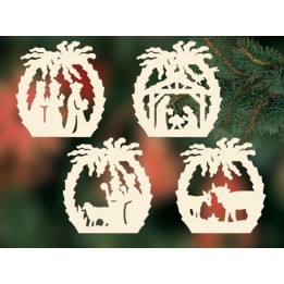 4 décorations pour sapin de Noël, crèches en bois et palmiers - set n° 25