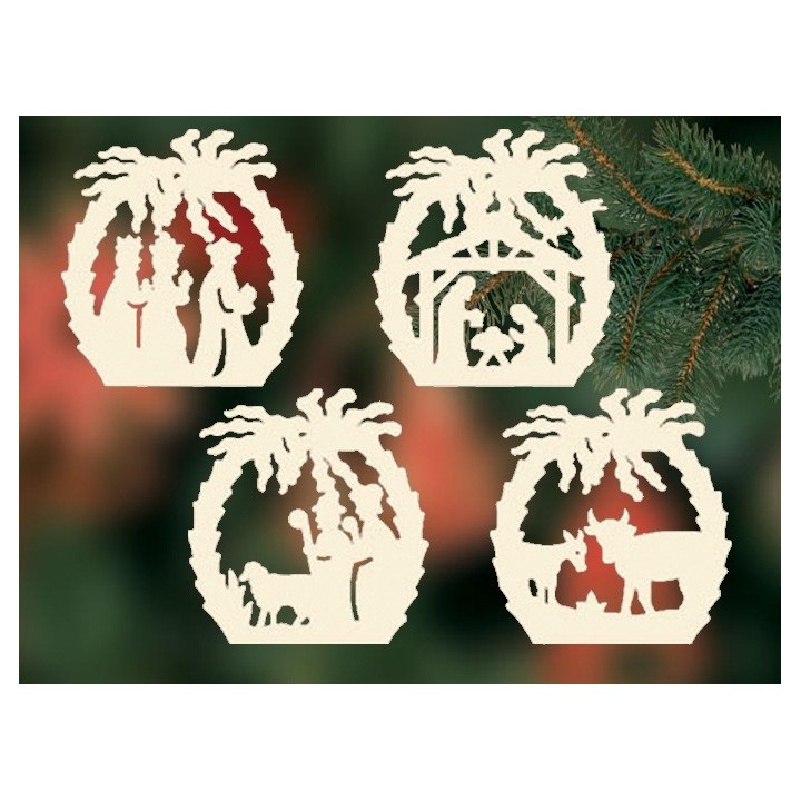 4 décorations pour sapin de Noël, crèches en bois et palmiers - set n° 25