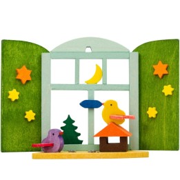 Décoration de sapin de Noël, oiseaux devant fenêtre