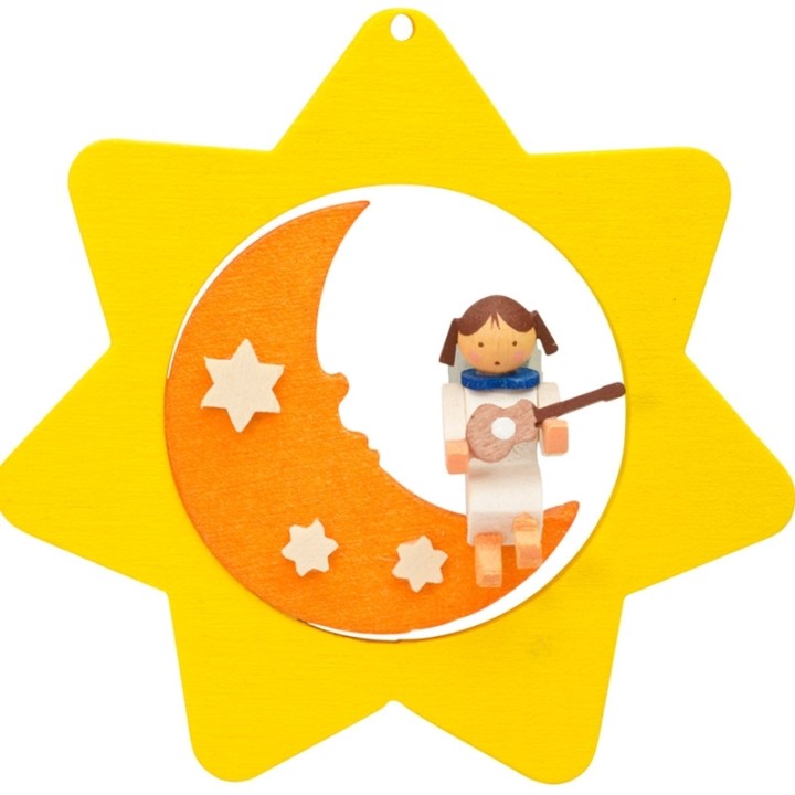 Déco sapin de Noël, étoile jaune, lune et ange n° 3