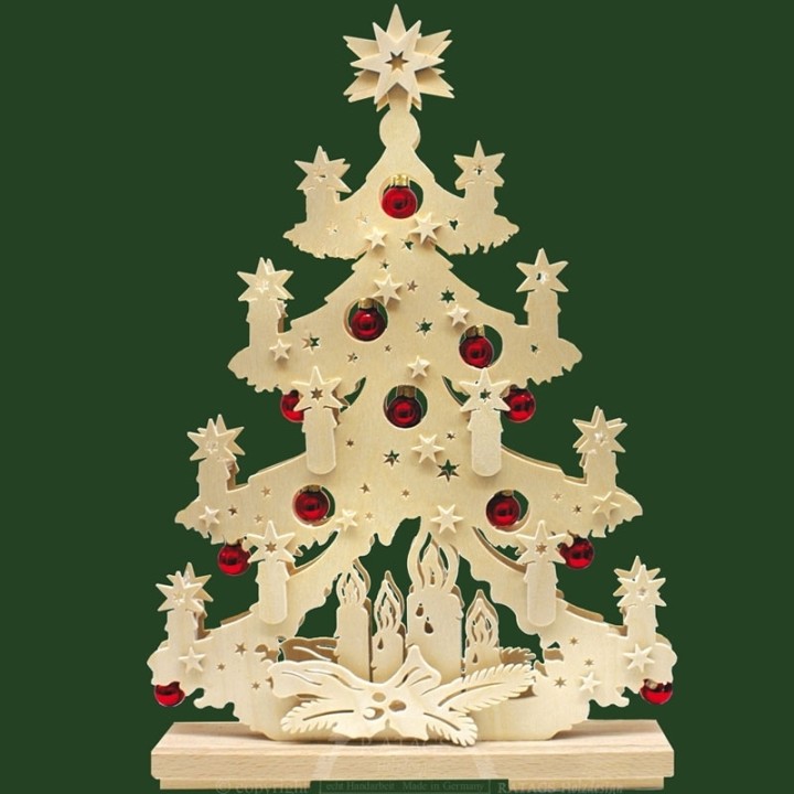 Sapin de Noël lumineux, en bois avec boules de Noël rouges