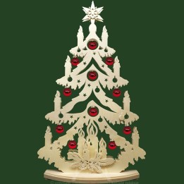 Grand sapin lumineux led, en bois avec boules de Noël rouges